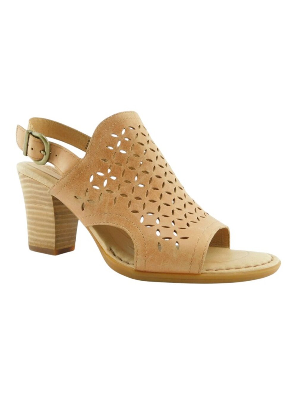 BORN Beige Leather Die-cut Open Toe Block Heel Sling Sandals 9